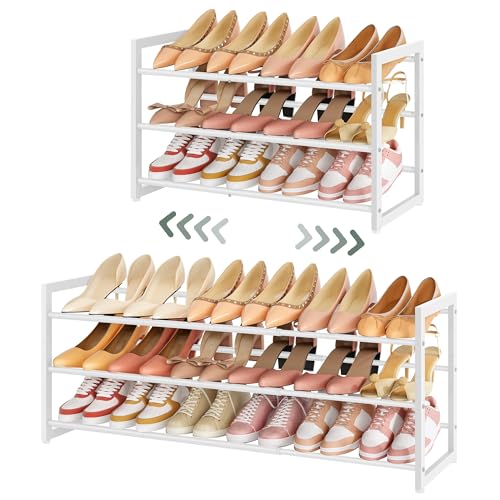 FAVOOSTY 3-Tier Expandable Shoe Rack, Adjustable Shoe Shelf Storage Organizer Space Saving Metal Free Standing Shoe Rack for Entryway Closet Doorway, White - color: White, size: 3 Tier