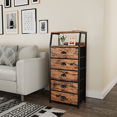 Furnulem Tall 5 Drawers Dresser, Vertical Storage Tower Fabric Dresser for Bedroom, Hallway, Entryway, Nursery, Closet Organizer, Nightstand Bedside Table Furniture, Sturdy Steel Frame, Wood Top - color: Rustic Brown, style: 5 Drawers