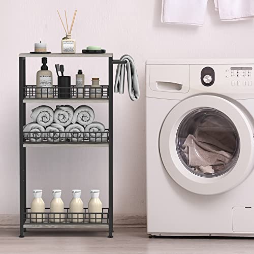 4 Tier Slim Storage Cart Narrow Laundry Cart on Wheels Utility Kitchen Rolling Cart with Wood Tabletop Mobile Shelving Unit Bathroom Storage Organizer Slide Out Rolling Tower for Narrow Spaces - color: Grey