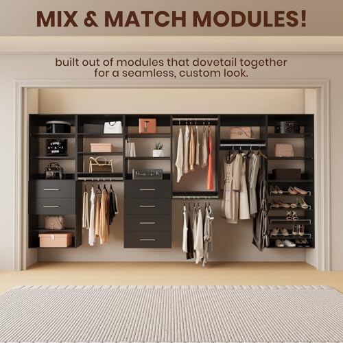 ROOMTEC Modular Closet System, 52" Wall-Mounted Closet Organizer with Hanging Rods, Wooden Tower for Walk-In Closets, Wardrobe Storage Kit, Black - size: 52" Wide, style: Model 2