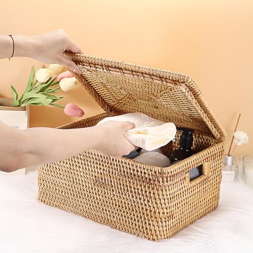Hipiwe Wicker Storage Bins with Lid Handwoven Rattan Baskets Rectangular Decorative Shelf Baskets Bin with Handles Household Basket Boxes for Home Organizing,13.2"L x10.2"W x6.7"H - size: 13.2"L x 10.2"W x 6.7"H
