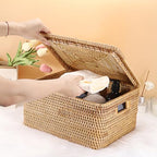 Hipiwe Wicker Storage Bins with Lid Handwoven Rattan Baskets Rectangular Decorative Shelf Baskets Bin with Handles Household Basket Boxes for Home Organizing,13.2"L x10.2"W x6.7"H - size: 13.2"L x 10.2"W x 6.7"H