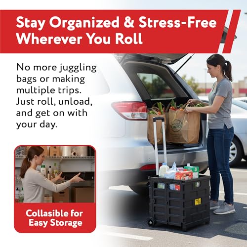 dbest products Quik Cart Pro Wheeled Rolling Crate Teacher Utility with seat Heavy Duty Collapsible Basket with Handle, Aluminum, Black - color: Black, style: Pro