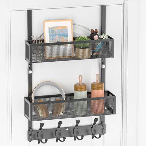 Over The Door Hooks Organizer, Door Hanger Towel Rack with 2 Baskets, Adjustable Over The Door Coat Rack, Back of Door Storage for Bedroom, Kitchen, Bathroom (Black) - color: Black, size: 2 Baskets