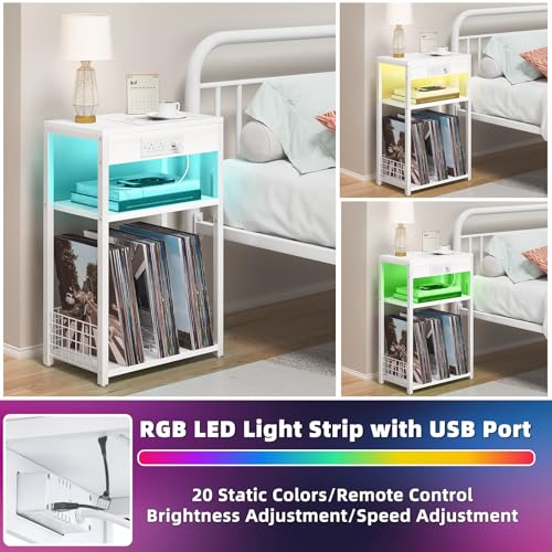 LELELINKY White Night Stand with Charging Station, Record Player Stand with USB Port and Type-C Port, 3 Tier Side Table with Vinyl Storage Shelf, End Tables for Bedroom Small Spaces - color: White, style: Upgraded (With Charger Station & LED Light)