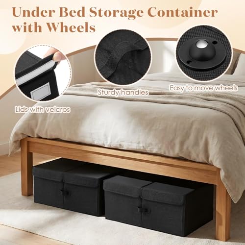 Geelin 4 Pcs Under Bed Storage with Wheels 10" High Underbed Containers with Lids Large Rolling Under Bed Organizer with Handles Underbed Clothes Storage Bins for Clothes Blankets Shoes (Black,24'' L)