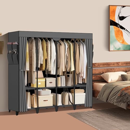 Wardrobe Closet, Quick and Easy Assembly, Gray Large Capacity Portable Closet with 4 Hanging Rods 8 Storage Shelves and 8 Side Pockets, Clothes Rack with Cover, for Bedroom and Living Room - color: Grey, size: 66 Inch