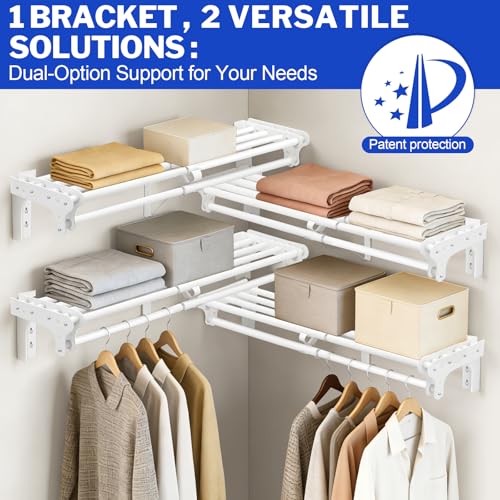 Closet Shelf with Hanging Rod, 40-73'' Expandable Wall Mounted & Side Wall Mounted Steel Clothes Rack with Top Shelf, Holds 220 lb Heavy Duty Closet Rod DIY Divider Separtor for Cabinet Wardrobe - size: 40''-73''