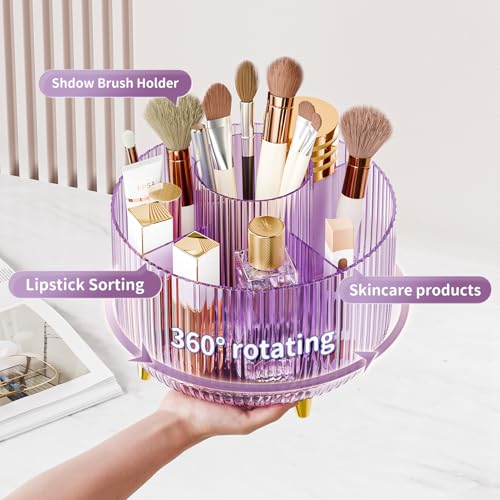 Clear Rotating Makeup Organizer Countertop for Vanity, 360° Makeup Brush Holder Organizer with 5 Compartments, Transparent Cosmetic Storage for Lipstick, Skincare, Bathroom Counter(Transparent Purple) - color: Transparent Purple