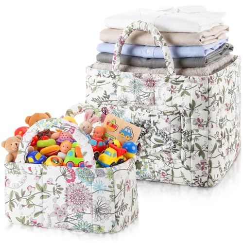 2 Pcs Quilted Fabric Storage Basket with Handles Large Capacity Laundry Basket Boho Foldable Floral Laundry Organizer Bin for Home Picnic Shopping Travel