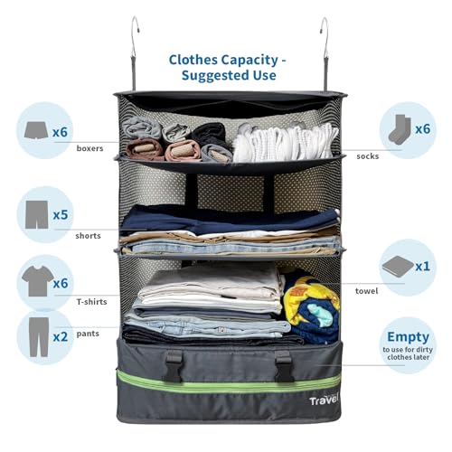 Stow-N-Go Portable Hanging Travel Shelves, Packing Organizer for Luggage. Carry on Closet for Clothes. Expandable Packing Cube. Travel Essentials. Dak Gray - XL - color: Dark Gray, size: XL = (L) 17.7" x (W) 11.8"