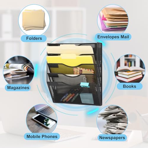 EASEPRES Magnetic 5 Pocket Mesh Hanging File Organizer, Wall Mounted Mail Paper Document Folder Holder, Clipboard Storage Organization Magazine Rack with Nametag Label for Office Home School, Black - color: Black, size: 5 Tier Magnetic