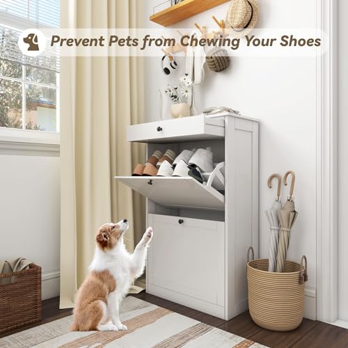 FTZxHKLX Shoe Cabinet with 2 Flip Drawers, Slim Freestanding Hidden Shoe Organizer with Drawer, Pet-Proof Shoe Storage Cabinet for Entryway Living Room Behind The Door, White - color: White, size: 1pcs