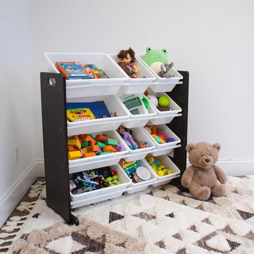 Humble Crew Toy Storage Organizer with 12 Removable Storage Bins for Kids Playroom, 4-Tier Toddler Toy Organization, Espresso/White - color: Espresso/White