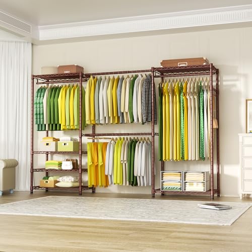 Ulif E1 Heavy Duty Closet Garment Rack, 6 Tiers Adjustable Metal Freestanding Expandable Clothing Storage with 4 Hanger Rods, Easy to Assemble Wardrobe, 71.4" H x (70" - 88.2") L x 14" D, Bronze - color: Bronze