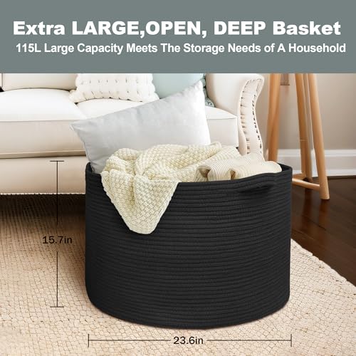 MEGASKET 115L Super Large Black Blanket Basket, 23.6"x15.7" Woven Rope Bin for Storage, Oversized Kids Dog Toy Storage Box Bins, XXXL Blanket Holder for Living Room, Jumbo Wicker Basket for Organizing - color: Black, size: 23.6"x23.6"x15.7"