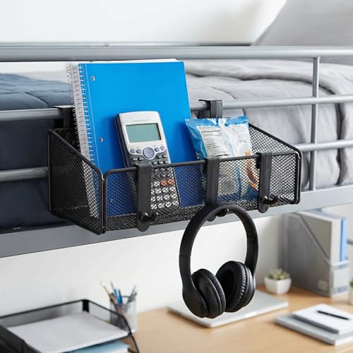 JDYOOMI Bedside Caddy Shelf Hanging Storage Basket for Bunk Bed, Office Cubical Walls, Baby Rails, College Dorm Organizer - 5 Pairs Sized Hooks for Phone, Glass, Magazine, Decor (Black) - color: Black