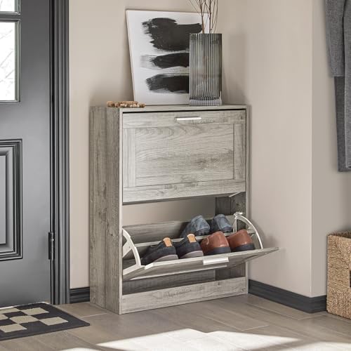 Haotian Enclosed Shoe Rack for Entryway, Narrow Shoe Cabinet with 2 Flip Drawers, Slim Shoe Storage Organizer for Hallway or Small Spaces, Grey, FSR137-HG - color: Grey, size: 2-Drawers
