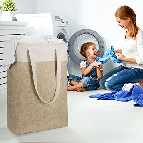 i BKGOO Laundry Basket with Handles Beige&Khaki-Slim Laundry Bin Collapsible Dirty Clothes Basket Narrow Laundry Bag Foldable Dirty Hamper for Camping, Dorms, Apartments - color: Beige&Khaki