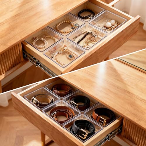 Ohlove 6 Pcs Large Clear Plastic Drawer Organizers Tray 6" x 6" Storage Bins with 25 Pcs Non-Slip Pads for Makeup, Jewelries, Kitchen Utensils, Bathroom and Office - size: 6"x6"