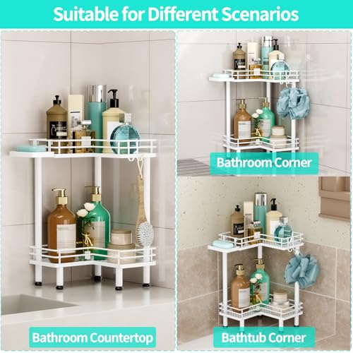 HapiRm Corner Shower Caddy Standing - 2 Tier Shower Organizer Corner with Soap Holder, Rustproof Bathroom Standing Organizer with 2 Hooks, White - color: White, size: 2-tier