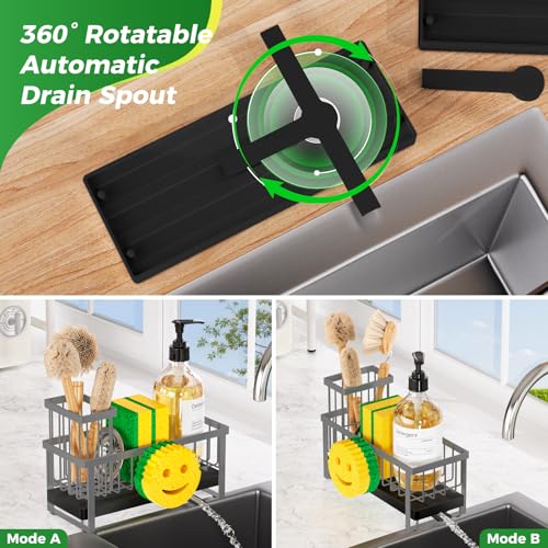 Sponge Holder for Kitchen Sink,Sink Caddy with Removable Dish Brush Holder,Self-Draining Kitchen Countertop Organizers and Storage Essentials,Soap Dispenser Organize and Home Decor-Gray - color: Gray-Tray