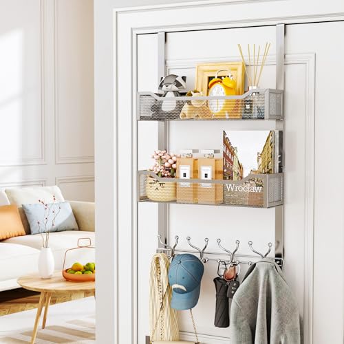 SWTYMIKI Over The Door Hook with 16 Hooks & 2 Mesh Baskets - Heavy Duty Over The Door Organizer Hanger for Towels, Coats, Clothes - Space Saving Hanging Rack for Bathroom, Living Room, Silver - color: Silver