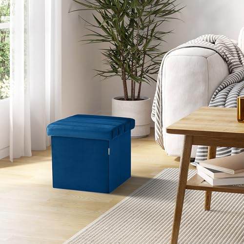 Seville Classics Cushioned Fabric Ottoman Hidden Storage Chest Footrest Chair, Padded Seat for Bedroom, Dorm, Loft, Living Room, Entryway, Hallway, Blue Velvet, 15.7" Cube - color: Blue Velvet, size: 15.7"D x 15.7"W x 15.7"H