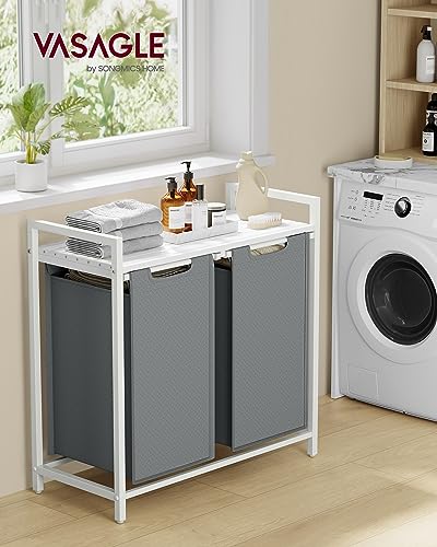 VASAGLE Laundry Hamper, Laundry Basket, Laundry Sorter with 2 Pull-Out and Removable Bags, Shelf, Metal Frame, 2 x 12.1 Gallons (46 L), 28.8 x 13 x 28.4 Inches, Slate Gray and Cloud White UBLH201W11 - color: Slate Gray + Cloud White, size: 2 Bags - 92 L