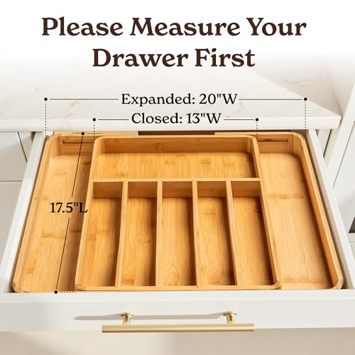 SMIRLY Silverware Drawer Organizer – Bamboo Kitchen Drawer Organizer, Adjustable Utensil Holder and Cutlery Tray, Drawer Dividers for Flatware and Kitchen Utensils | Adjustable, Drawer Dividers, Flatware, Kitchen Utensils - size: 8 Slot