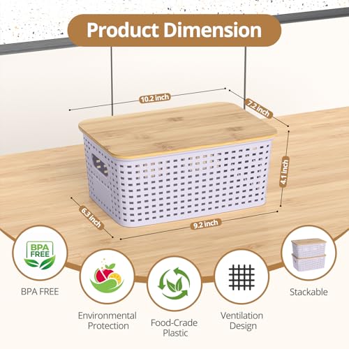 Plastic Storage Baskets with Bamboo Lids, Stackable Small Box Bins for Organizing and Containers for Shelves Drawers Desktop Closet Pantry Classroom Office Home, 6 Pack 10.2"x7.2"x4.1" Lavender - color: Lavender