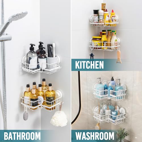 TAILI Corner-adaptive Suction Cup Shower Caddy 2 Pack, Stainless Steel Rustproof Corner Shower Shelves, Drill-Free Wall Mounted Baskets, Large Capacity Removable Suction Cup Bathroom Organizer, White - style: Corner-adaptive, White