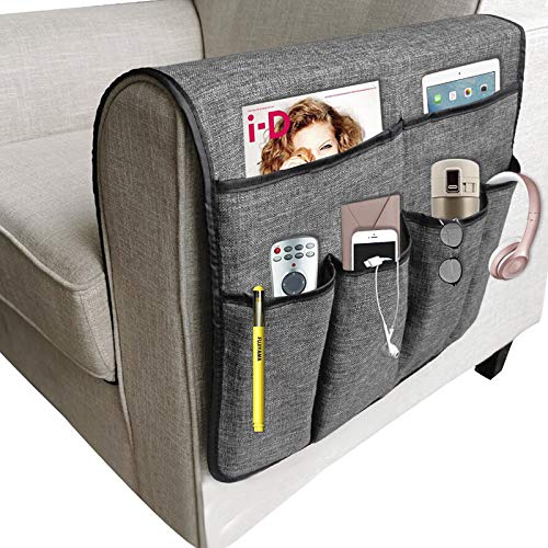 Sofa Armrest Storage Bag, Armchair Side Caddy Hanging Pouch Organizer, 14-Pocket Waterproof Durable Storage Bag, Suitable for Tablets, Phones, Books, Magazine, TV Remote Control (1#Gray) - color: 1#Gray
