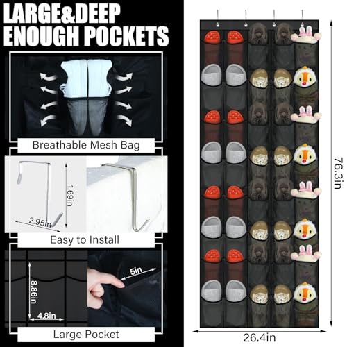 Windyun 2 Pack 40 Over the Door Shoe Organizers Large Mesh Pocket Hanging Shoe Rack for Closet Nonslip Behind Dorm Door Storage Holder Dorm Essentials Back to School Organizer for College(Black) - color: black