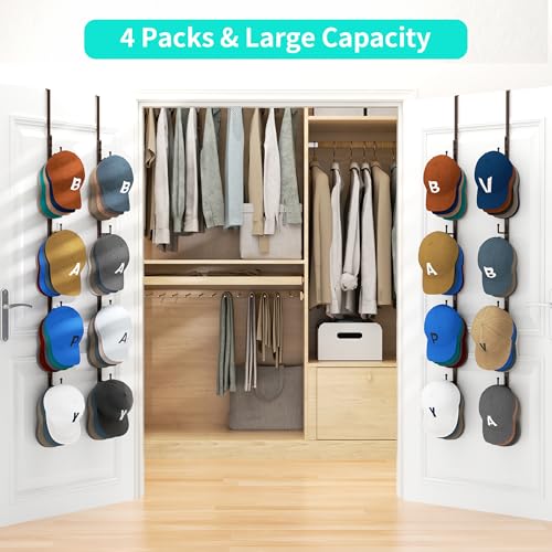HapiRm Over Door Hat Rack - 4 Packs Metal Hanging Hat Organizer with 16 Hooks Design, Baseball Cap Hanger Organizer Storage Holds up to 80 Caps for Door, Bedroom, Closet（Brown） - color: Brown, size: 4 Pack