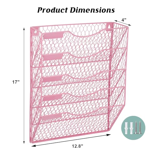 EASEPRES Mail Organizer Wall Mount Hanging File Holder Storage, Metal Chicken Wire Magazine Rack 5 Tier, Pink - color: Pink, size: 5 Tier