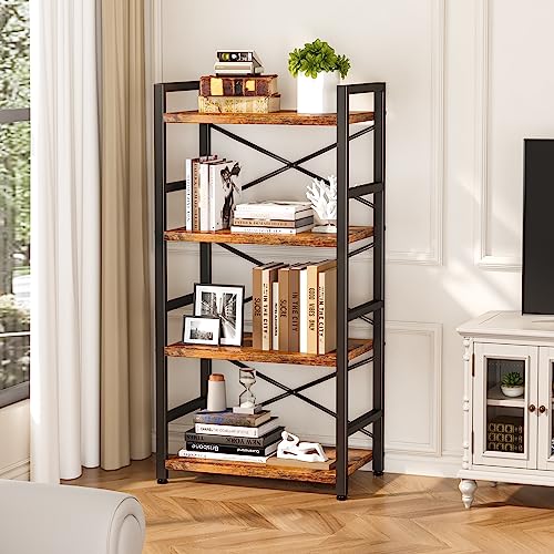 Homeiju Bookshelf, 4 Tier Small Bookcase, Organizers and Storage, Metal Small Bookcase, Rustic Book Shelf Organization and Storage for Living Room, Bedroom, and Home Office(Rustic Brown) - color: Rustic, size: 4 Tier