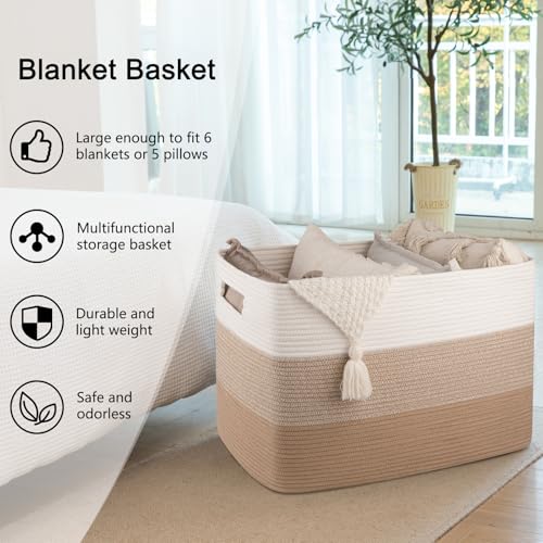 OIAHOMY 108L Super Large Blanket Basket, 25”x16”x16” Rectangle Woven Baskets for Storage, Cotton Rope Basket For Living Room, Toy Storage with Handle- Gradient Light Brown - color: Gradient Light Brown