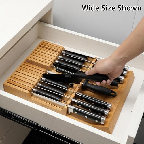 Utoplike In-drawer Knife Block Bamboo Kitchen Knife Drawer Organizer Large, handle Steak knife Holder without Knives, Fit for 16 Knife and 1 Sharpening Steel (Knives & Sharpening Not Included) - size: 16 Holder