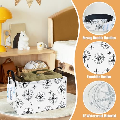 LANGYASHAN Rectangular Storage Bin Collapse Canvas Fabric Cartoon Storage Basket with Handles for Organizing Home Kitchen Boys and Girls Toys Office Closet Shelf Baskets (Rec Black Compass) - color: Rec Black Compass