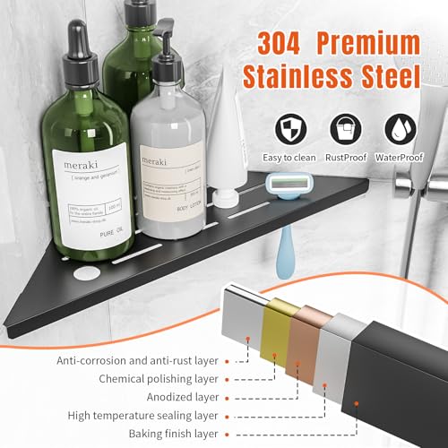 Corner Shower Shelves with Razor Hole, Modern Sturdy Shower Caddy, 10" 304 Stainless Steel Shower Organizers Bathroom Shelf for Tile Wall, No Drilling Grout Mount Shelf for Shower,Bathroom Accessories - color: Black