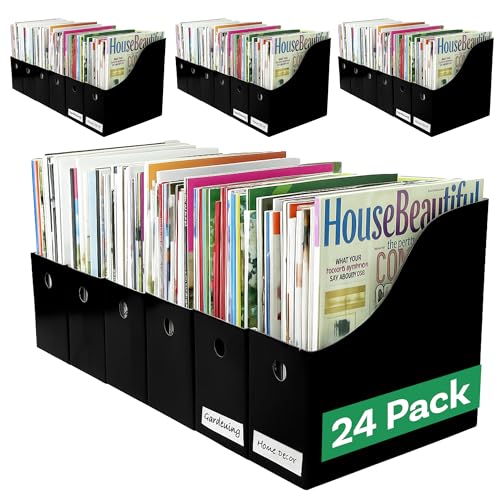 Evelots Magazine File Holder - Set of 24 Black - Office Desk Organizer - Sturdy Cardboard - New Upgraded Double Front Panel for More Stability - Full 4 Inch Wide - Easy Assemble - color: Black, size: Set of 24