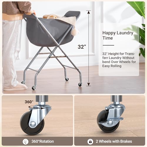 ELYKEN Laundry Cart with Wheels, 32”H Easy Rolling Laundry Hamper with Removable Liner Bag, Sturdy Metal Frame Clothes Basket with 4 Casters and 2 Brakes - color: Gray, size: 23.2"L x 13"W x 32"H