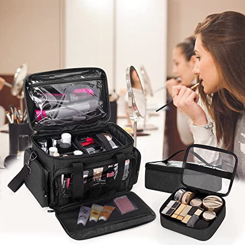BAFASO Large Makeup Bag with 2 Removable Pouches and Detachable Dividers, Multifunctional Cosmetic Bag to Keep Makeup and Hair Supplies (Patent Pending), Black - color: Black