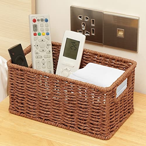 HOONEX Woven Baskets for Storage, Paper Rope Baskets with Sturdy Metal Wire Frame, Baskets for Shelves, Set of 2, Dark Brown - color: Dark Brown, size: 12 x 8 x 6 inches