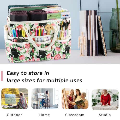E-WEICHEN Craft Organizer Tote Bag Art Storage Caddy with Multiple Pockets Containers for Art,Craft,and Office Supplies Storage.Rose Cat - color: Rose Cat