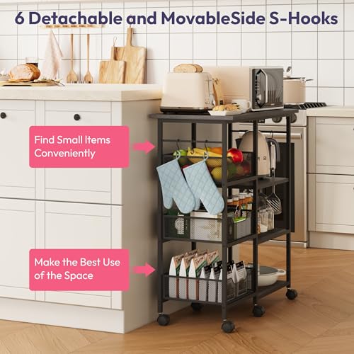 SWTYMIKI Kitchen Island Cart on Wheels - 28.35x14.57in Rolling Kitchen Table Cart with Storage Shelves, 6 Removable Hooks& Locking Casters, Coffee Bar Cabinet for Dining Room Pantry Office, Black - size: 28x14.57in, style: Black
