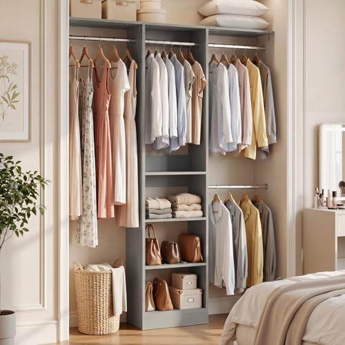 Cyclysio 4FT Small Closet System, 80"H Closet Organizer System with 4 Closets Rods & 3 Shelves, 48" Closets Organizers and Storage for Small Bedrooms, Laundry Rooms, Cloakrooms, Grey - color: Grey