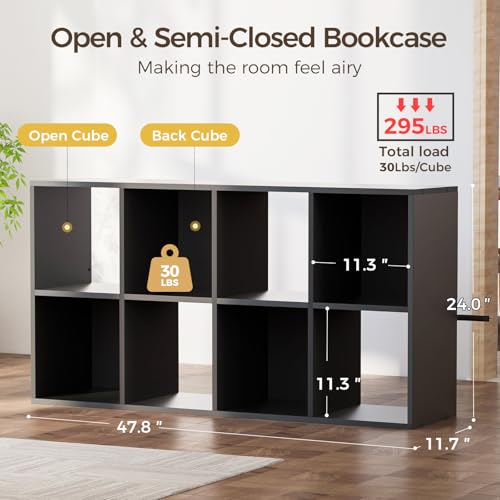 COMHOMA 8 Wood Cube Storage Organizer with Open Back and Removable Back Panels, 11In Black Cube Storage Bookshelf, Cubicle Shelf Bookcase for Home Office Bedroom Living Room, Vertical or Horizontal - color: 8 Cube-coal Black