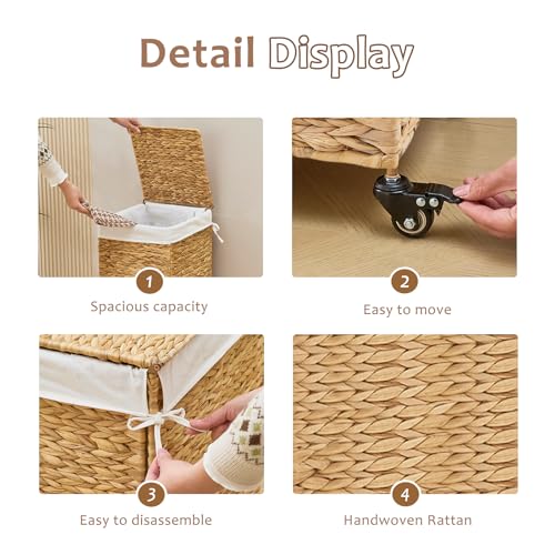 Handwoven Hamper with Lid, Laundry Basket with Wheels, Machine Washable Liner, Clothes Hamper for Bathroom Laundry Room Bedroom(Natural, 78L) - color: Natural/With Lid/78L